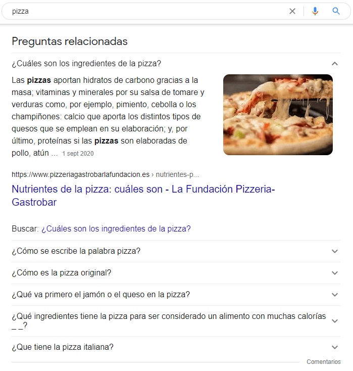 Preguntas relacionadas de pizza