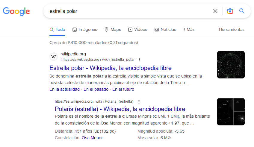 Resultados de búsqueda en Google sobre “Estrella Polar”