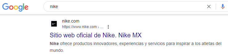 Búsqueda en Google sobre sitio web Nike
