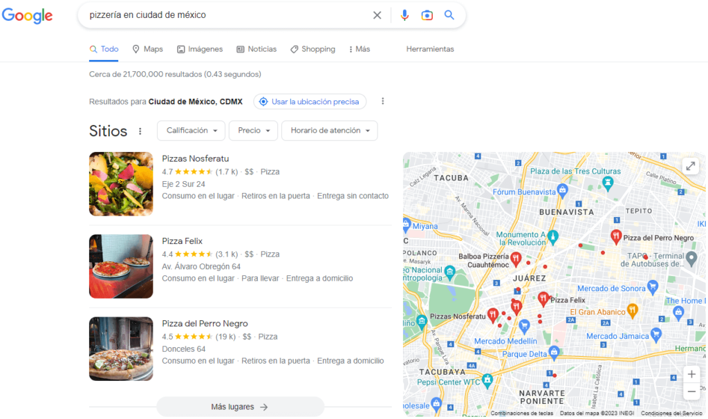 Búsqueda local en Google “pizzería en ciudad de México”