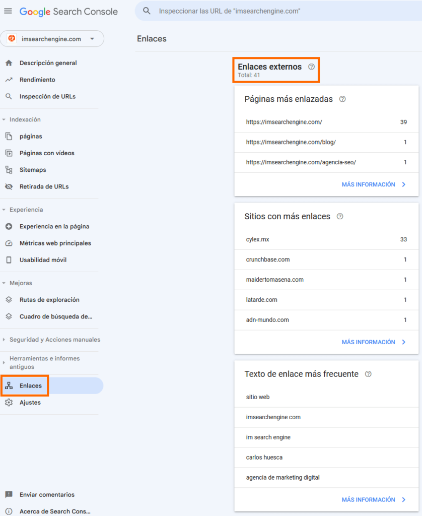 Informe de backlinks en Google Search Console